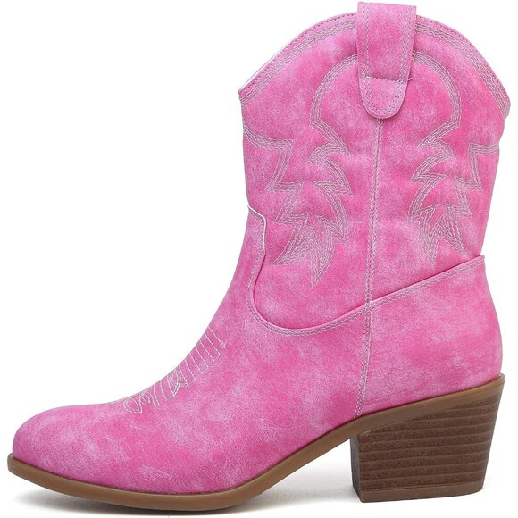 Todaysunny Women Pink Western Femme Cowboy Calf Ankle Booties With Side Zip - Picture 2 of 5